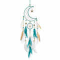 Attrape-rêves lune 25 x 70 cm en cordon textile turquoise blanc et doré avec plumes décoration suspendue
