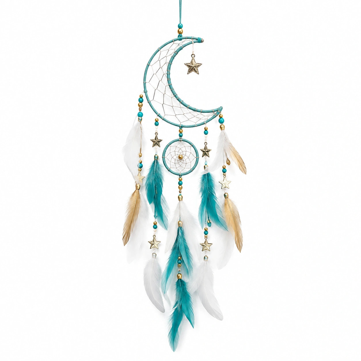 Attrape-rêves lune 25 x 70 cm en cordon textile turquoise blanc et doré avec plumes décoration suspendue