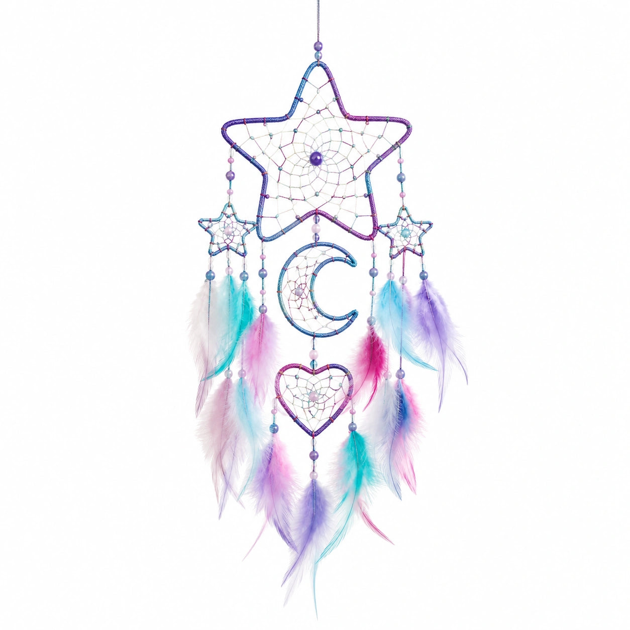 Attrape-rêves suspendu 35 x 80 cm en fil et plumes bleu violet rose décoratif