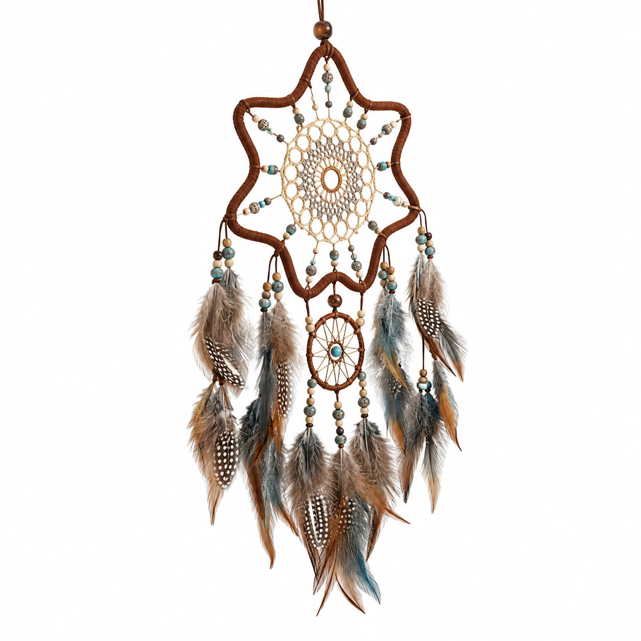 Attrape-rêves décoratif 35 x 90 cm brun beige bleu en fibres naturelles avec plumes style bohème