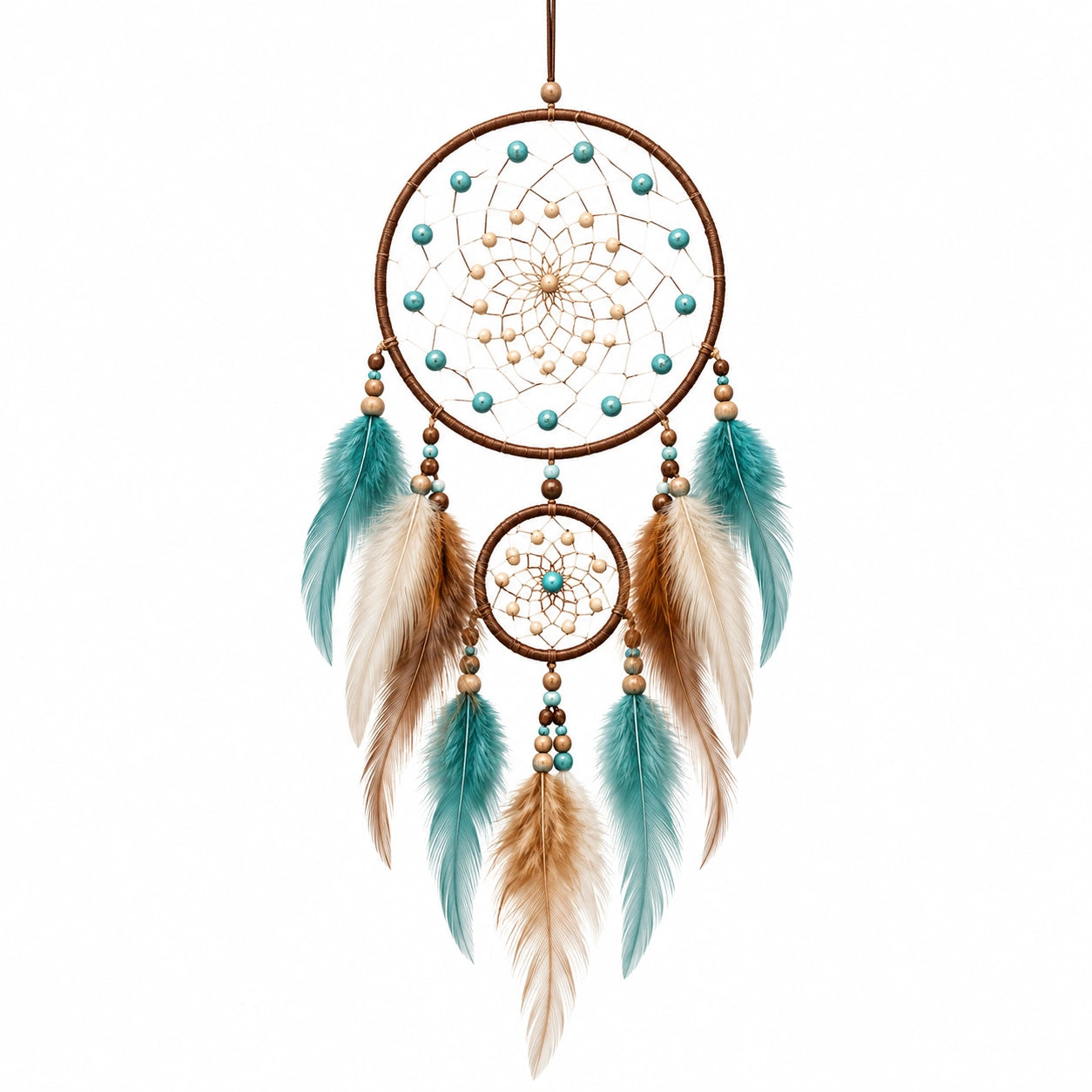 Attrape-rêves mural 40 x 95 cm en cordon et plumes turquoise marron beige décoratif