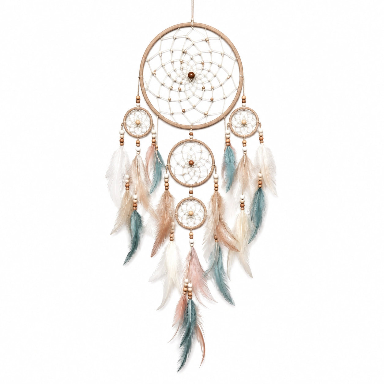 Attrape-rêves mural 40 x 85 cm en corde et plumes beige rose bleu style bohème