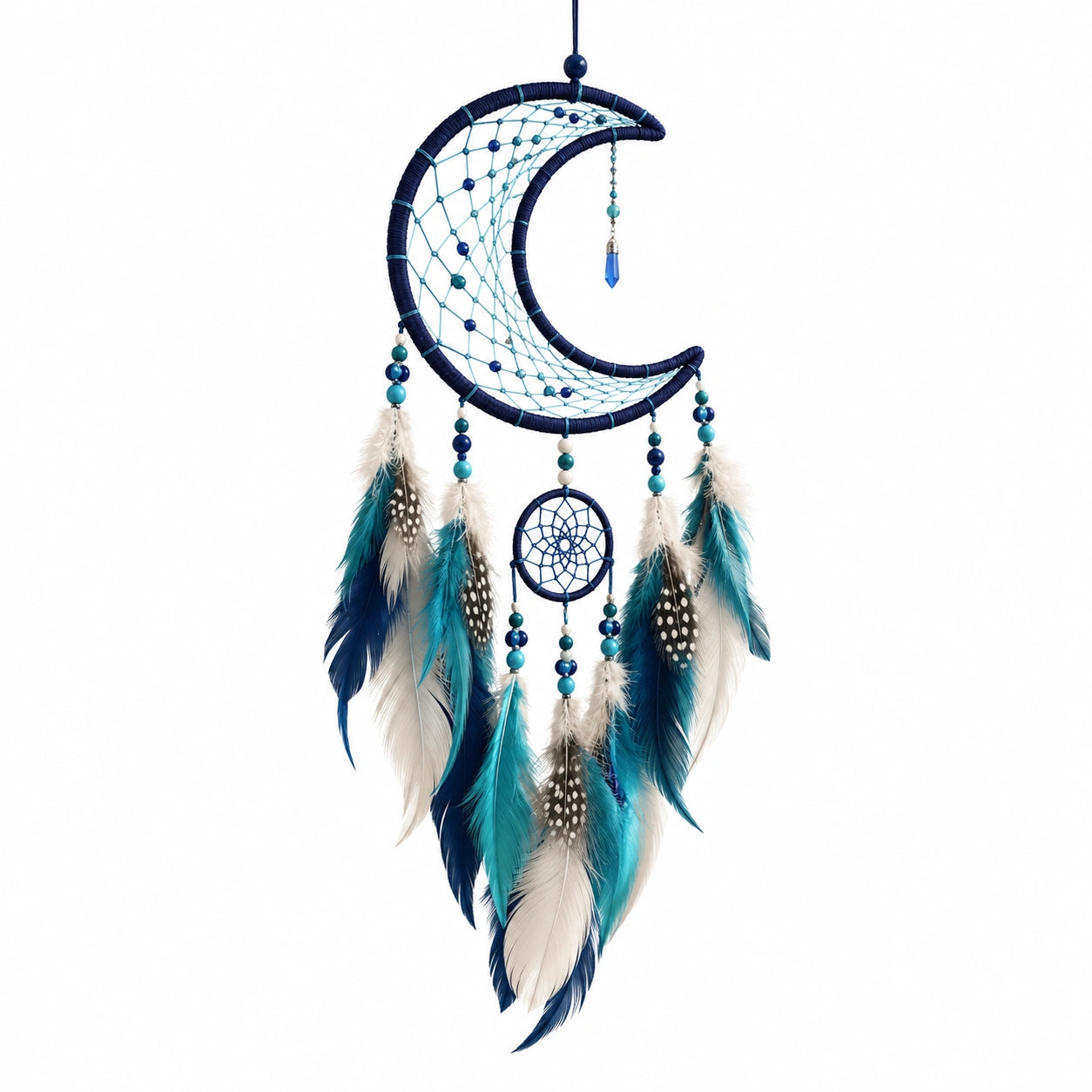 Attrape-rêves lune 30 x 75 cm en fil bleu avec plumes décoratives suspendues