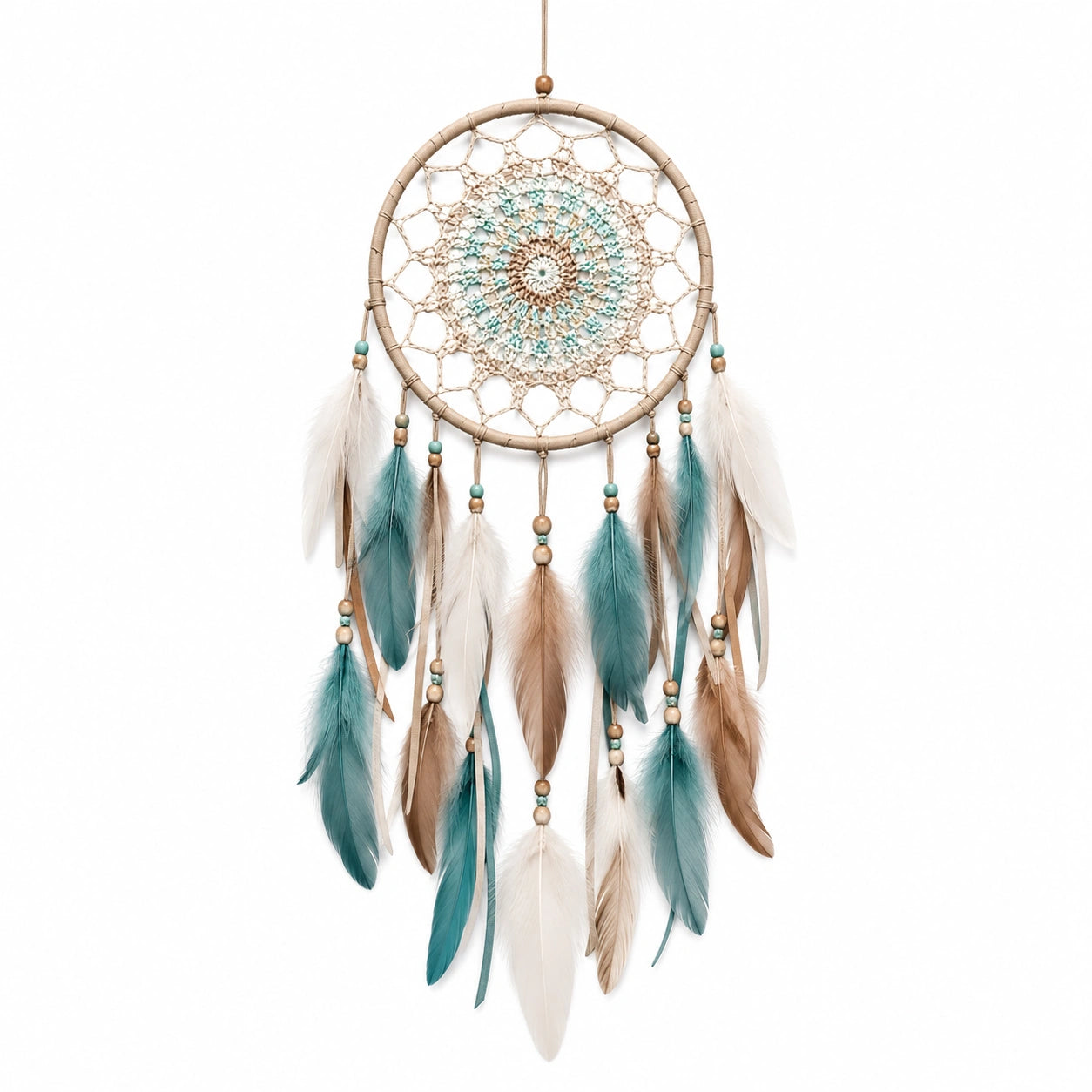 Attrape-rêves 30 x 65 cm en fibres tressées beige turquoise pour décoration murale bohème