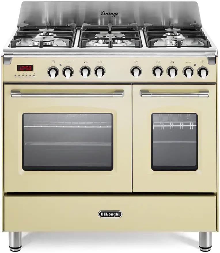De'Longhi Cuisinières, 90x60 cm – Crème | MEM 965T BX ED - Cuisinière à gaz avec four électrique, 5 brûleurs