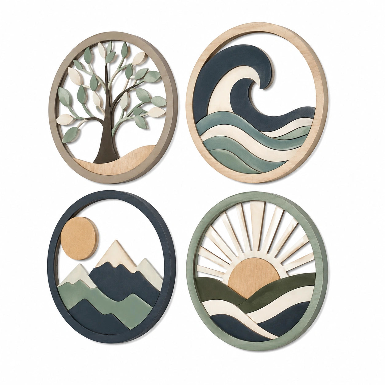 Lot de 4 décorations murales rondes en bois diamètre 30 cm motifs nature style scandinave