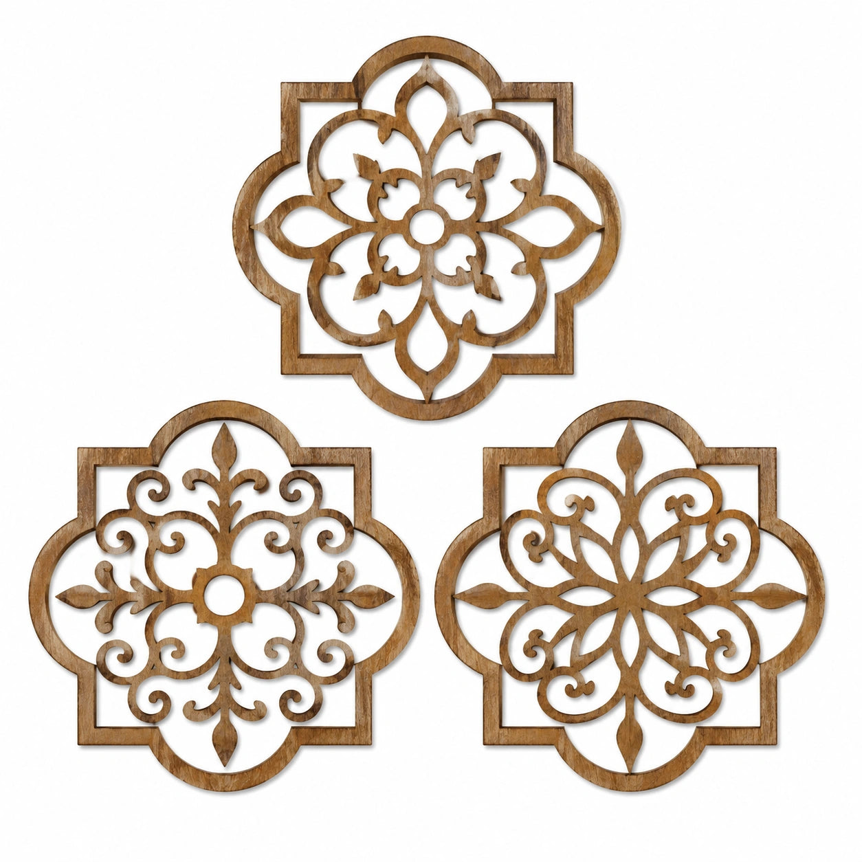 Décorations murales 30 x 30 cm en bois brun motifs floraux ajourés style classique