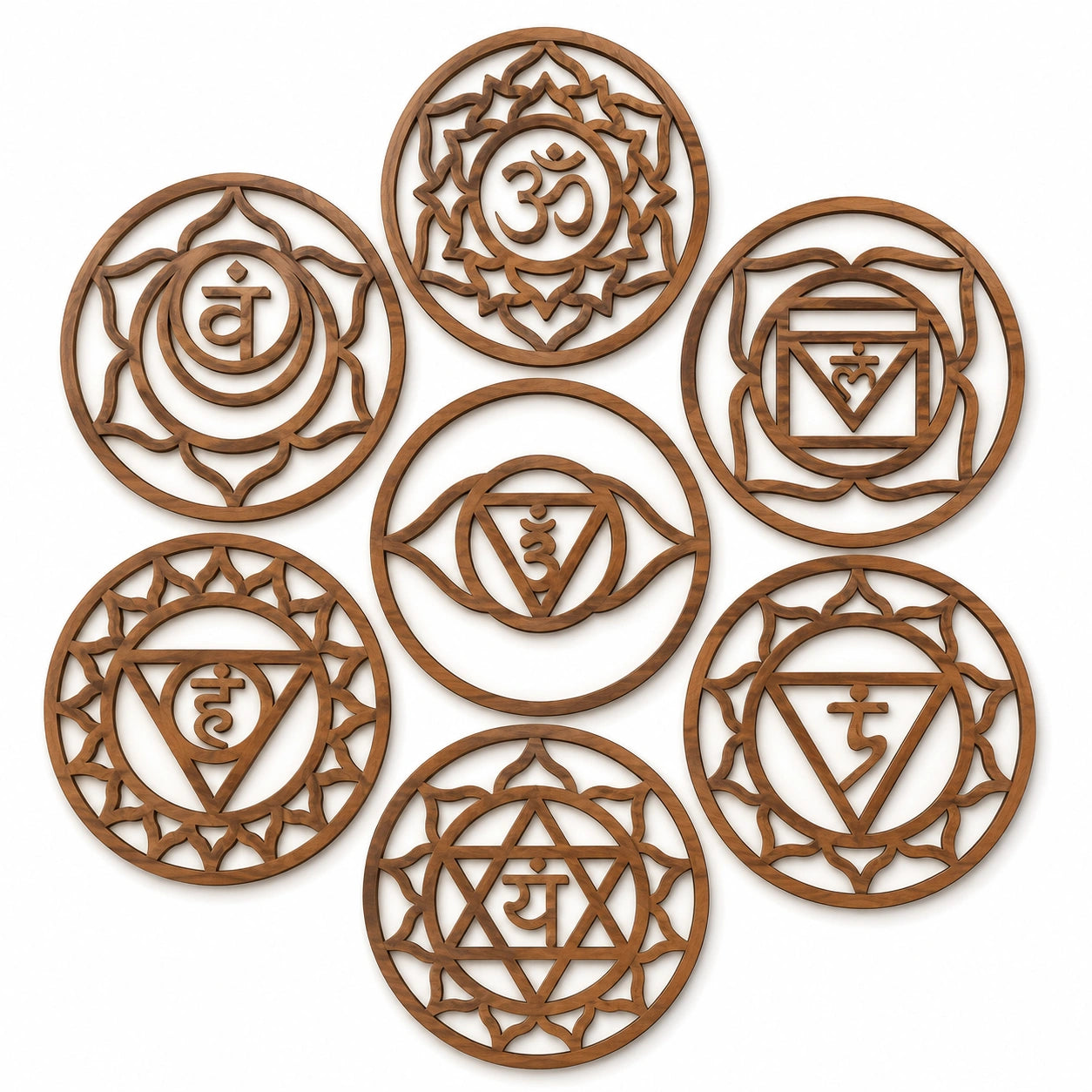 Décoration murale ronde 30 cm en bois marron à motifs géométriques pour intérieur