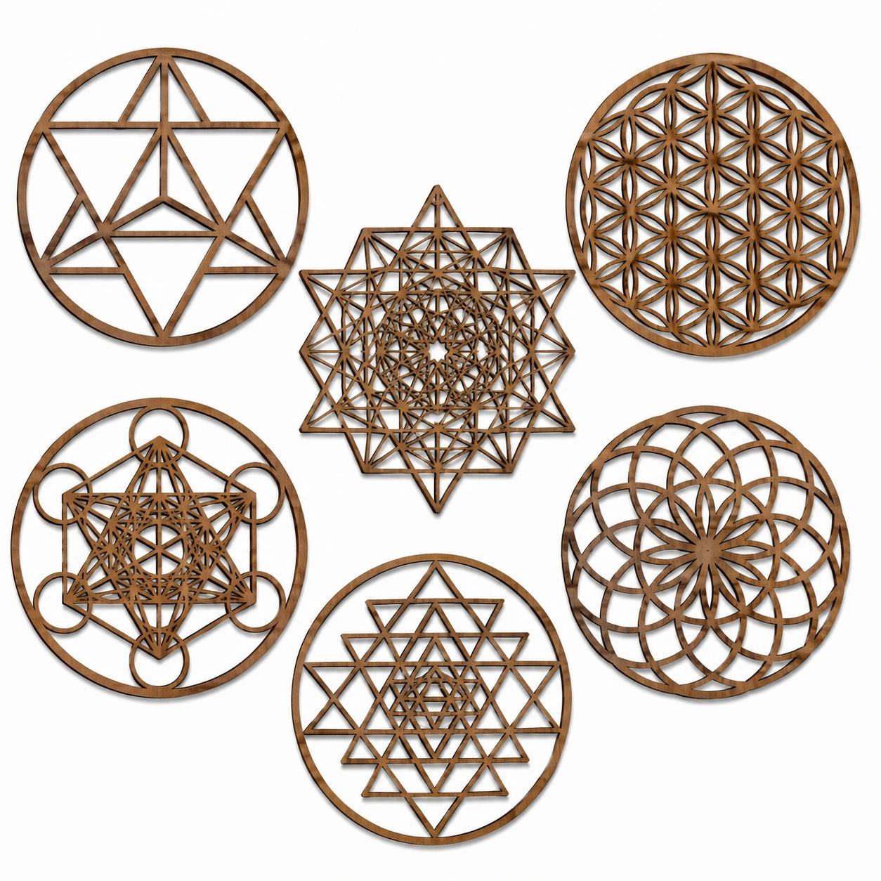 Lot de 6 décorations murales rondes 30 cm en bois marron motifs géométriques pour intérieur style bohème