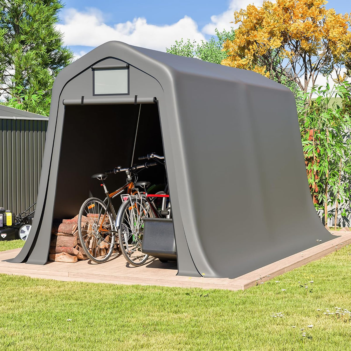 Abris de jardin QSOST – 366 x 213 x 225 cm | Gris, Résistant aux UV et Structure en Acier Galvanisé pour Moto