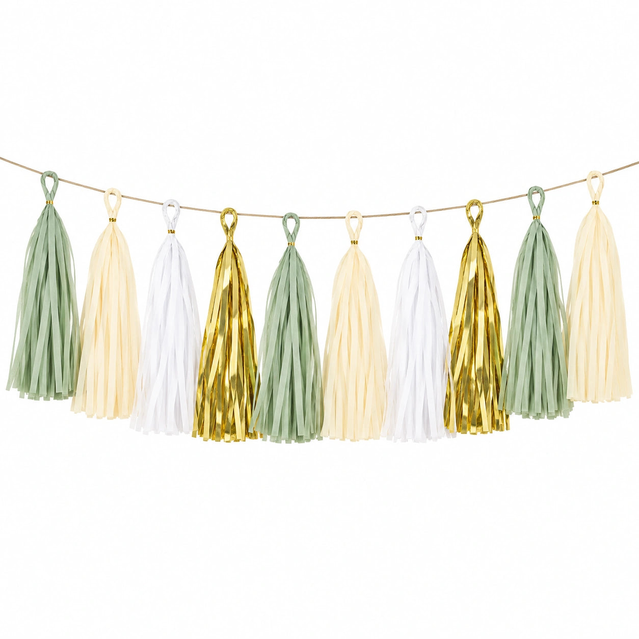 Guirlande à pompons 200 cm en papier vert sauge crème blanc doré décorative pour fête