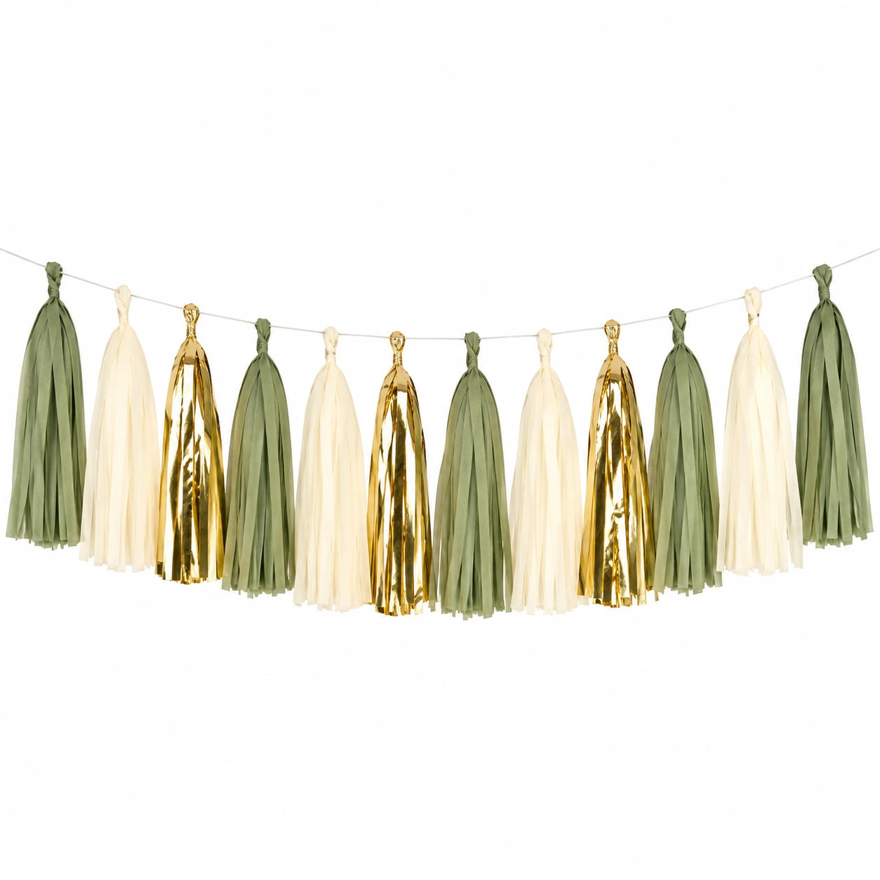 Guirlande décorative à franges en papier 150 cm vert sauge crème doré
