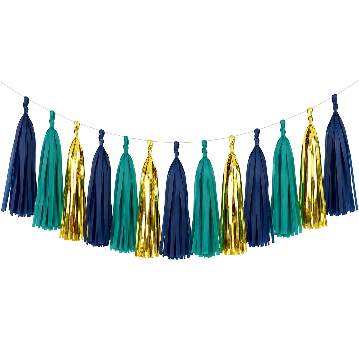 Guirlande à pompons 300 cm en papier bleu marine vert canard doré décorative pour fête