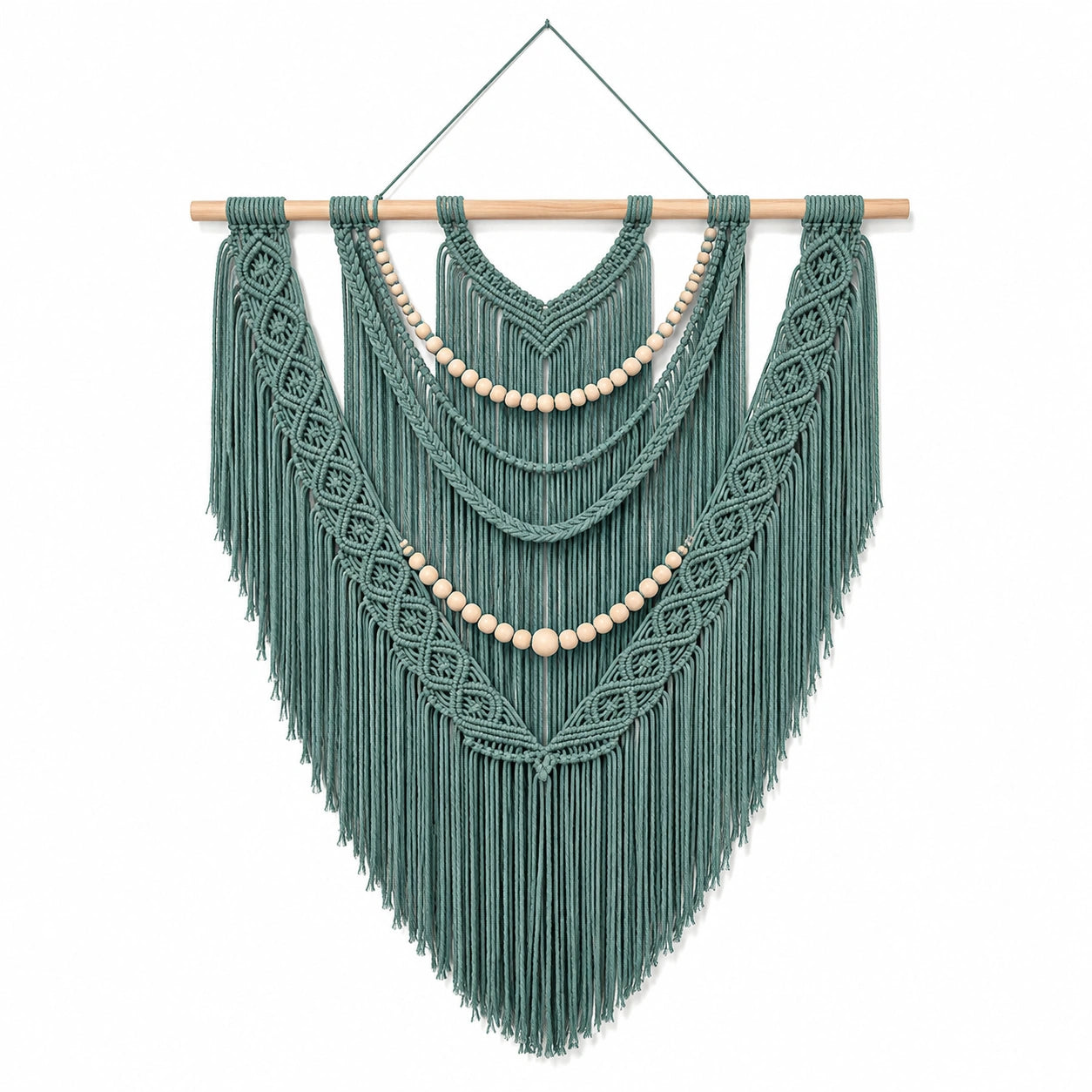 Décoration murale macramé 80 x 110 cm en corde textile vert sauge avec tringle en bois style bohème