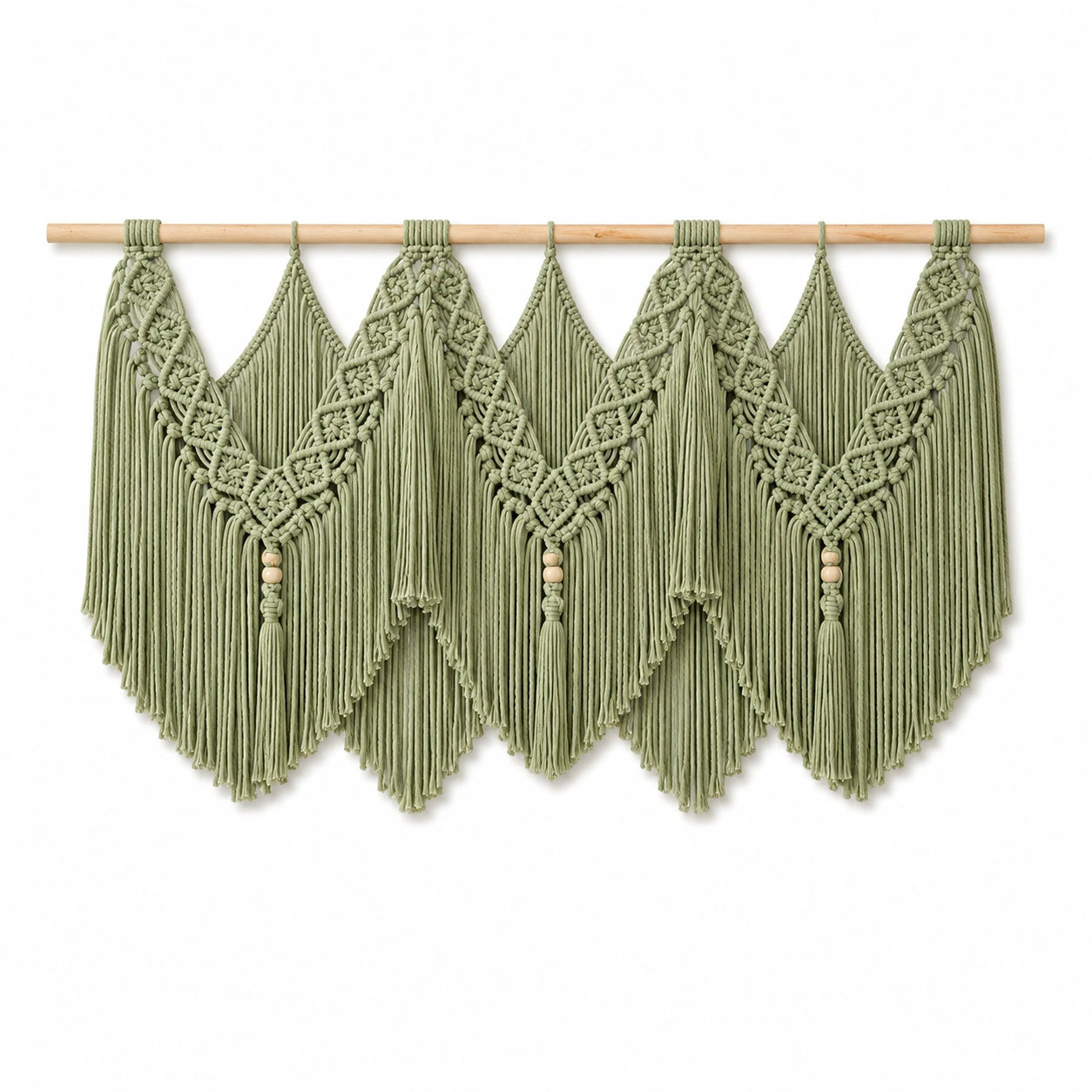 Tenture murale en macramé 120 x 85 cm vert sauge en coton avec tringle en bois style bohème