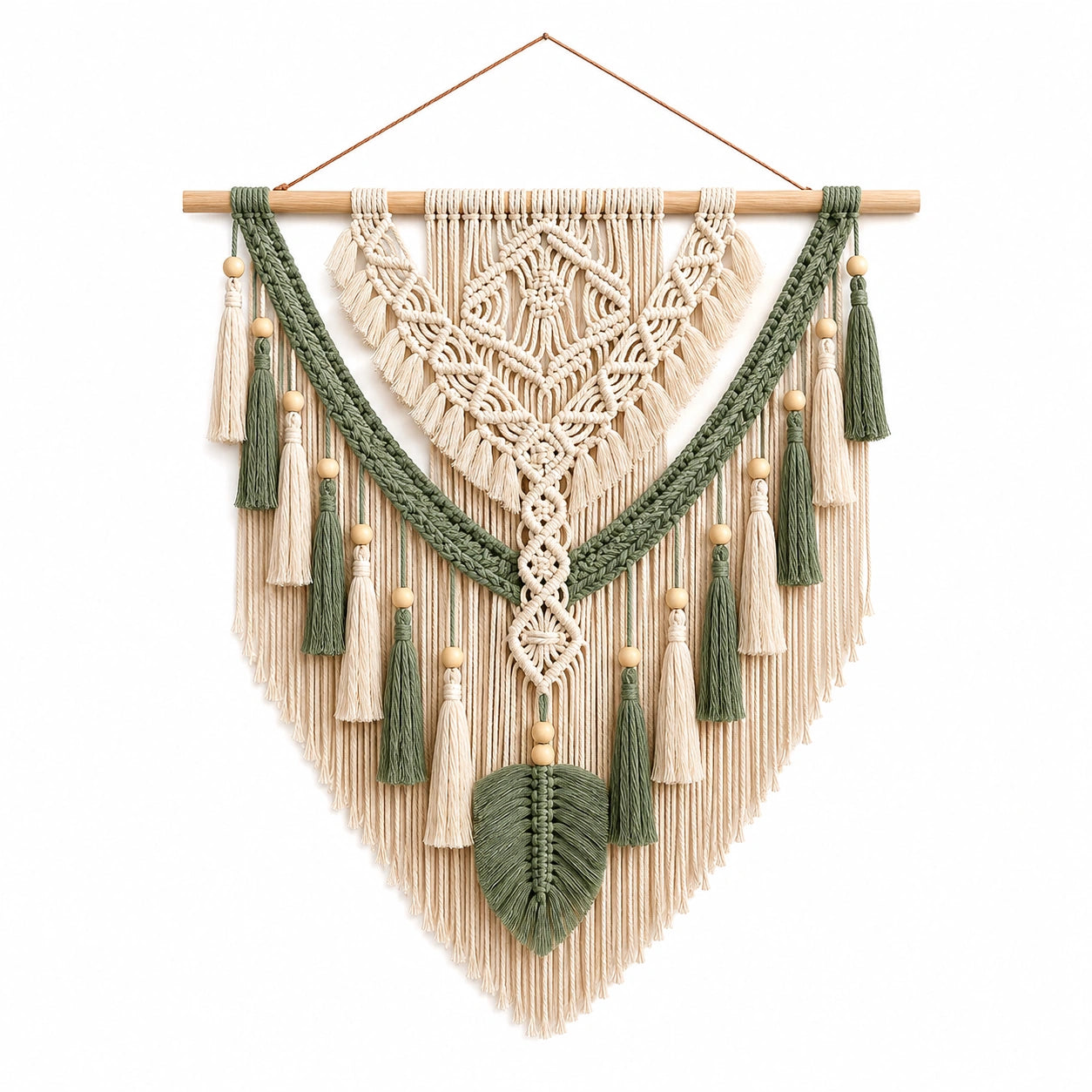 Tapisserie murale en macramé 80 x 100 cm coton beige et vert style bohème à suspendre