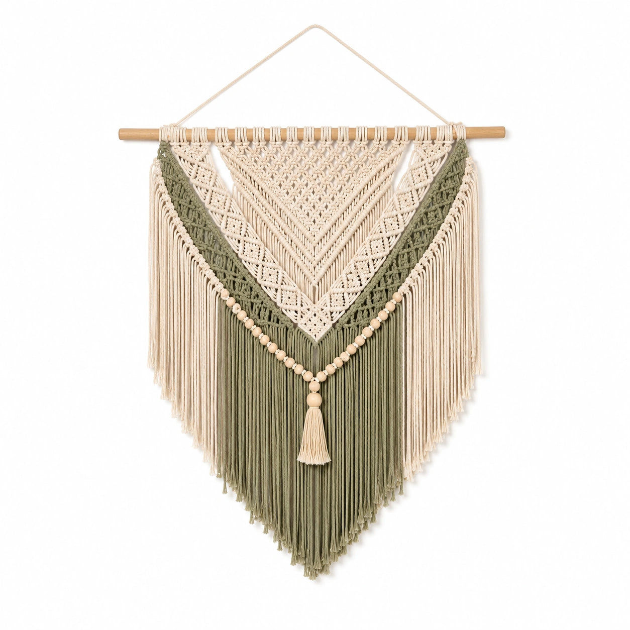 Tenture murale 60 x 90 cm en cordon textile beige vert avec franges style bohème