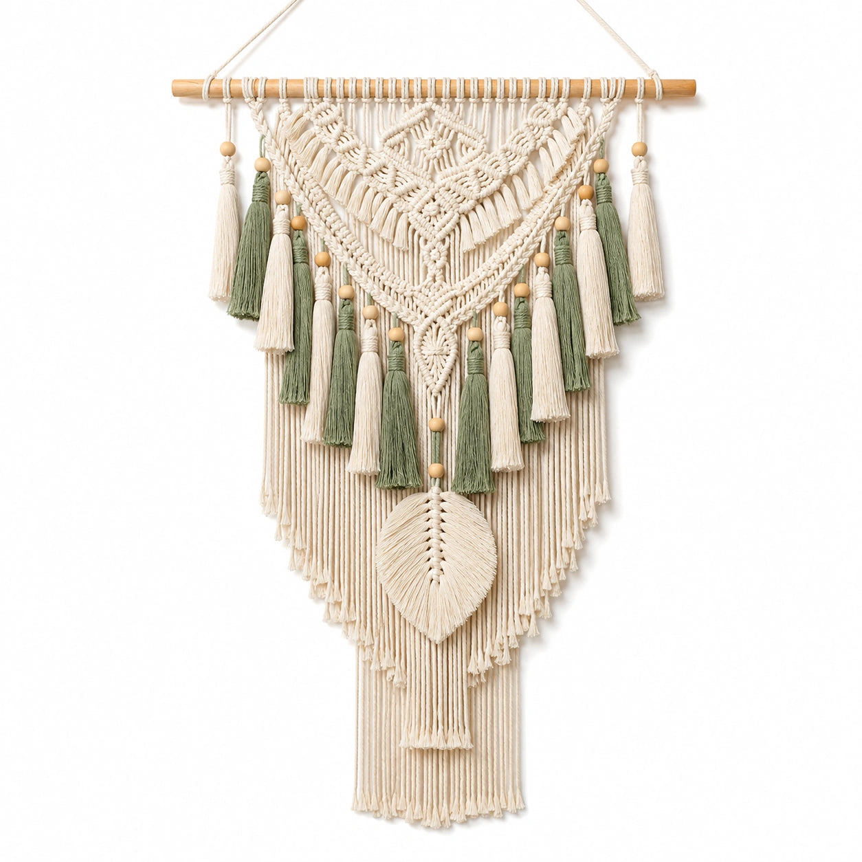 Décoration murale en macramé 50 x 90 cm coton beige vert style bohème