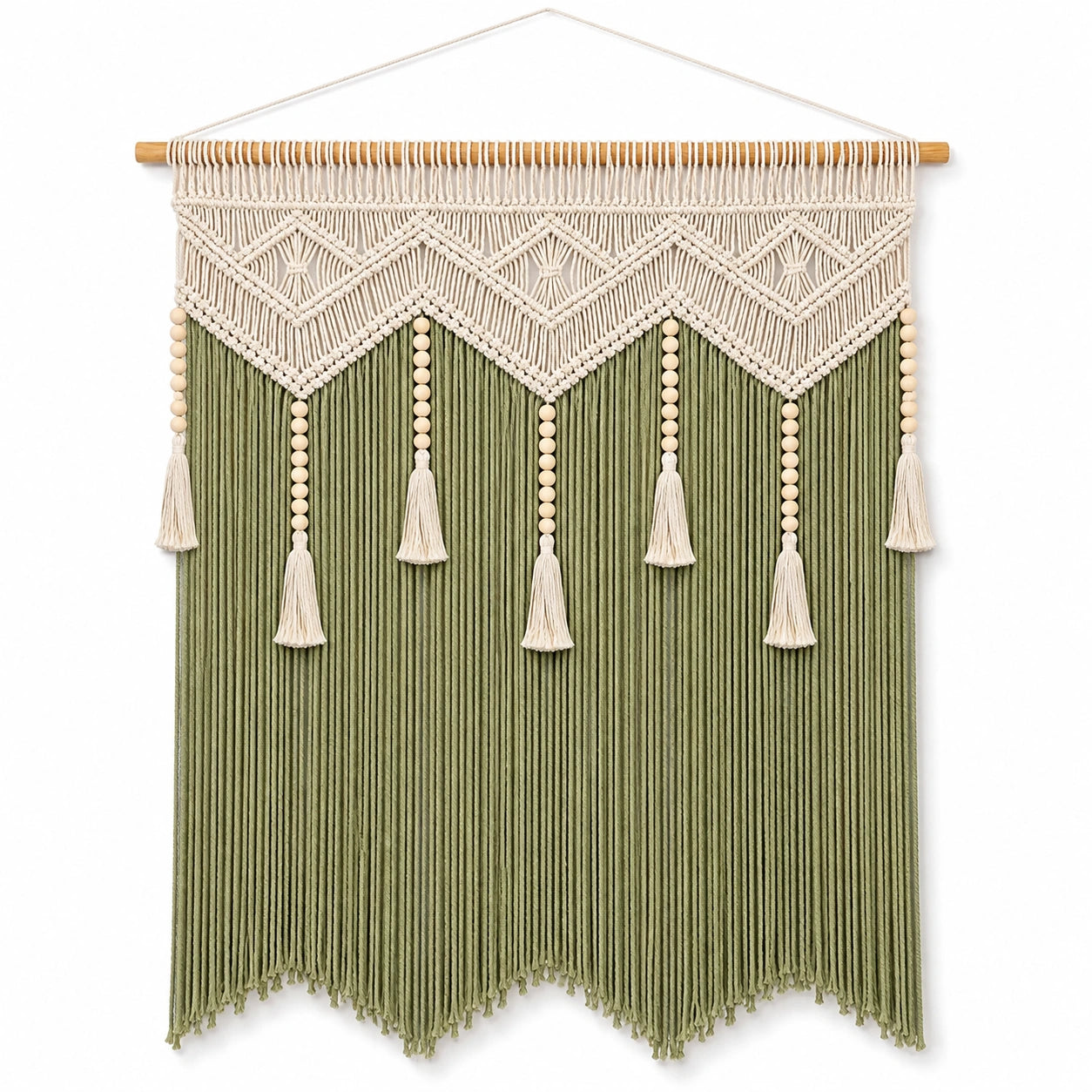 Tenture murale macramé 90 x 110 cm coton vert et écru style bohème