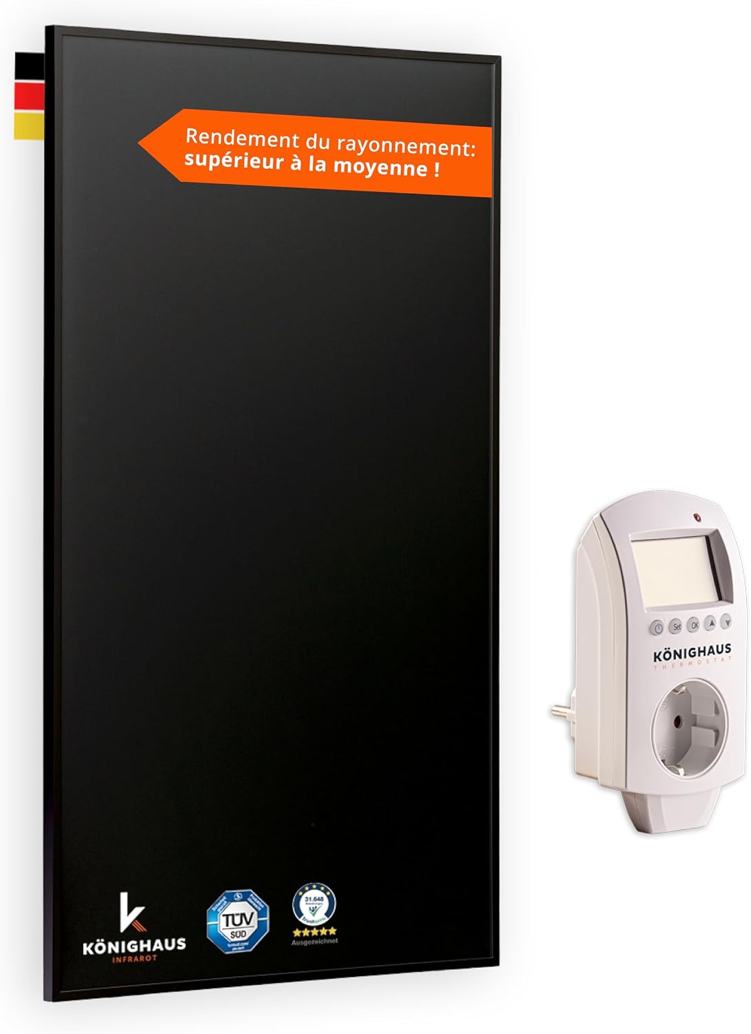 Radiateurs électriques Könighaus | 450 W, Noir – chauffage infrarouge | Black Edition avec thermostat