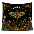 Tapisserie murale 150 x 150 cm en polyester noir motif papillon et lune style botanique
