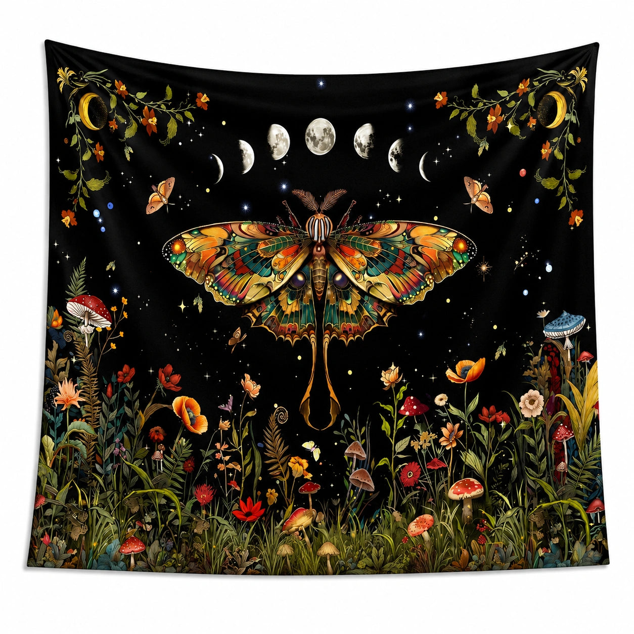 Tapisserie murale 150 x 150 cm en polyester noir motif papillon et lune style botanique