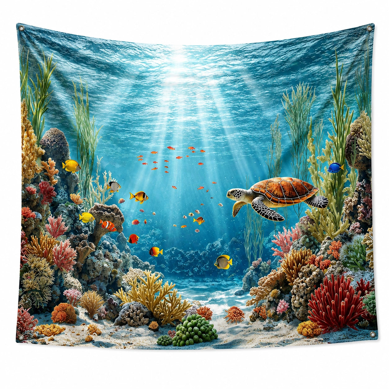Tenture murale 150 x 130 cm en polyester bleu motif récif marin avec œillets de suspension