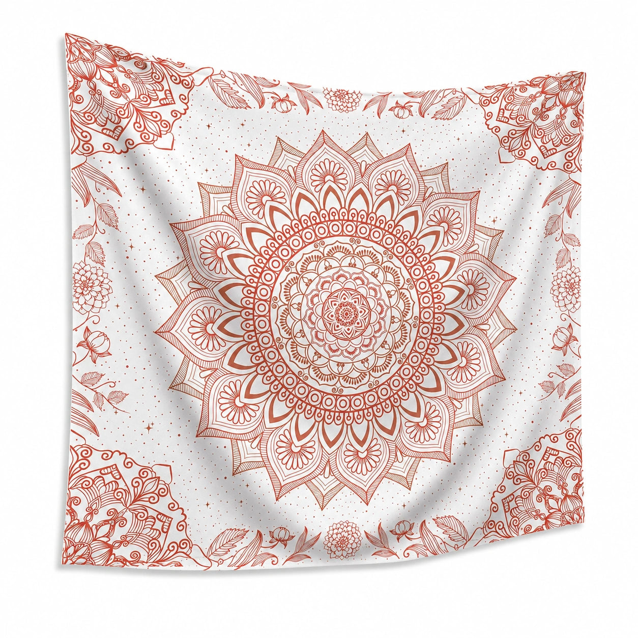 Tenture murale 150 x 150 cm textile blanc terracotta motif mandala décoratif