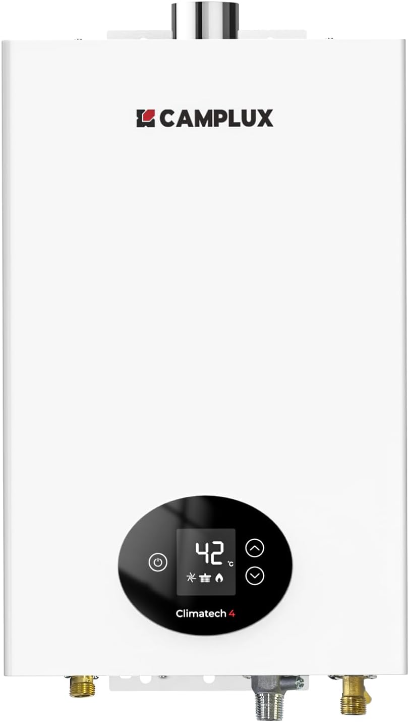 CAMPLUX chauffe-eau, 12 L – Blanc/Noir | Climitech 4 à Gaz Instantané, GPL (28-50 mbar) – Étanche et Thermostatique