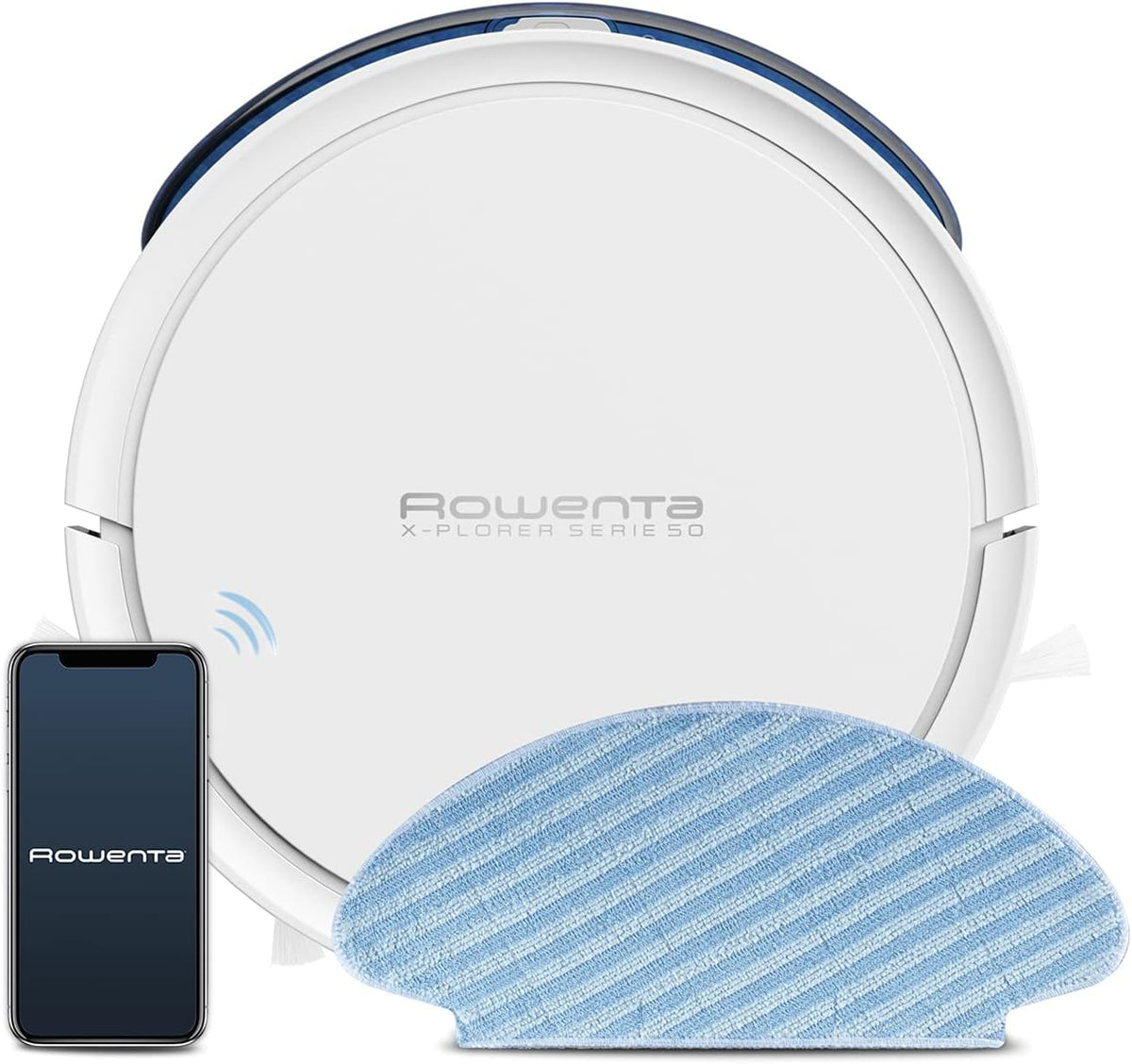 robot aspirateur Rowenta | Blanc/Bleu, X-Plorer Serie 50 Aspirateur robot laveur – Aspire et lave les sols | Navigation méthodique