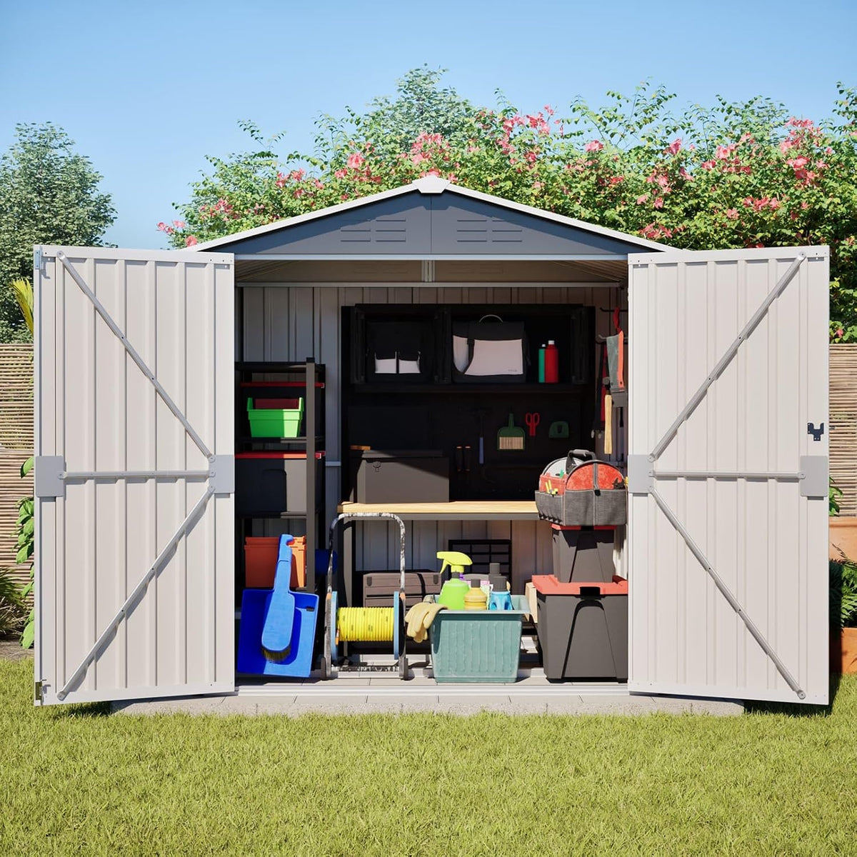 Abris de jardin KOMHTOM | 6x5, Gris – FT Abri de Jardin Métal avec Fondations en métal | Cabane de Jardin Extérieur avec Serrure