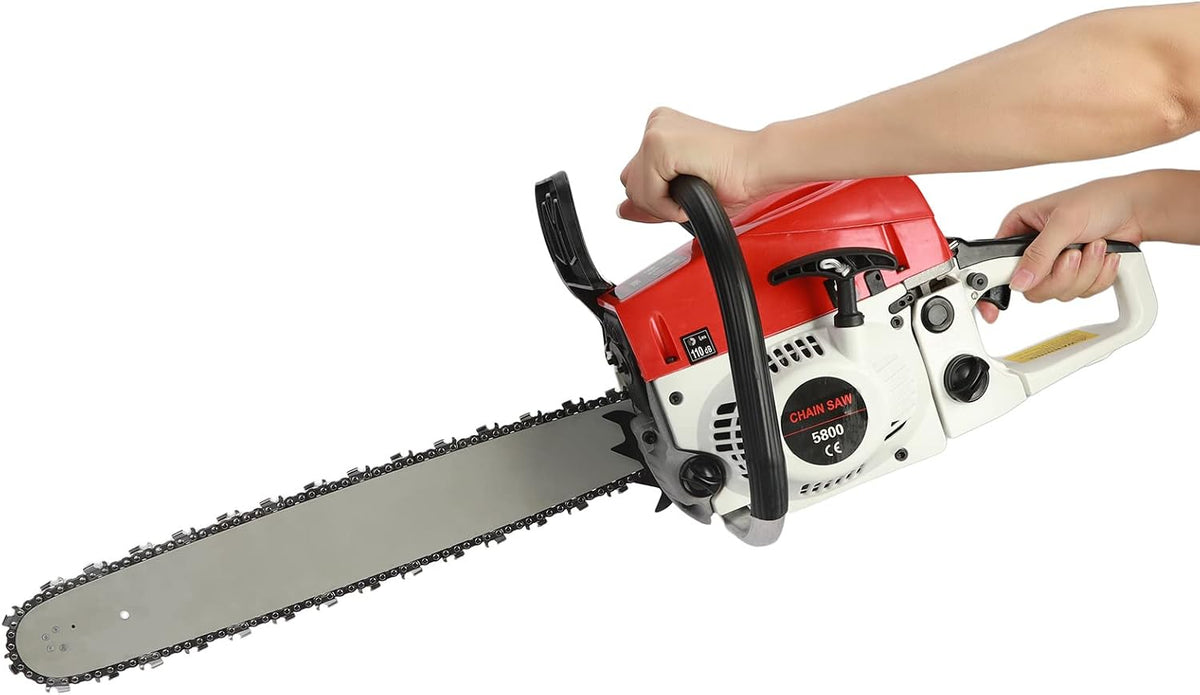 tronçonneuse Nylvane | 58 cm, 50 cm – Rouge/Blanc/Noir | thermique ³ à essence 2 temps, guide-chaîne – chaîne anti-rebond