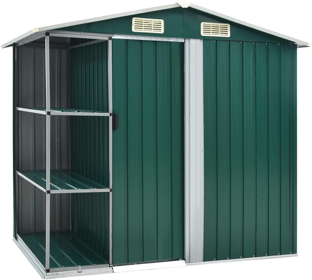 Abris de jardin Makastle | 205x130x183 cm, fer galvanisé – plastique | vert, Abri de Jardin en Métal avec étagère
