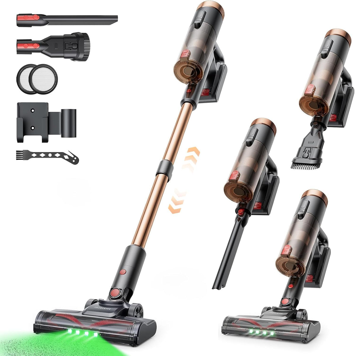 Proscenic aspirateur balai sans fil, 40KPA – 450 W | Noir/Cuivre, Aspirateur sans Fil Puissant – LED GreenEye