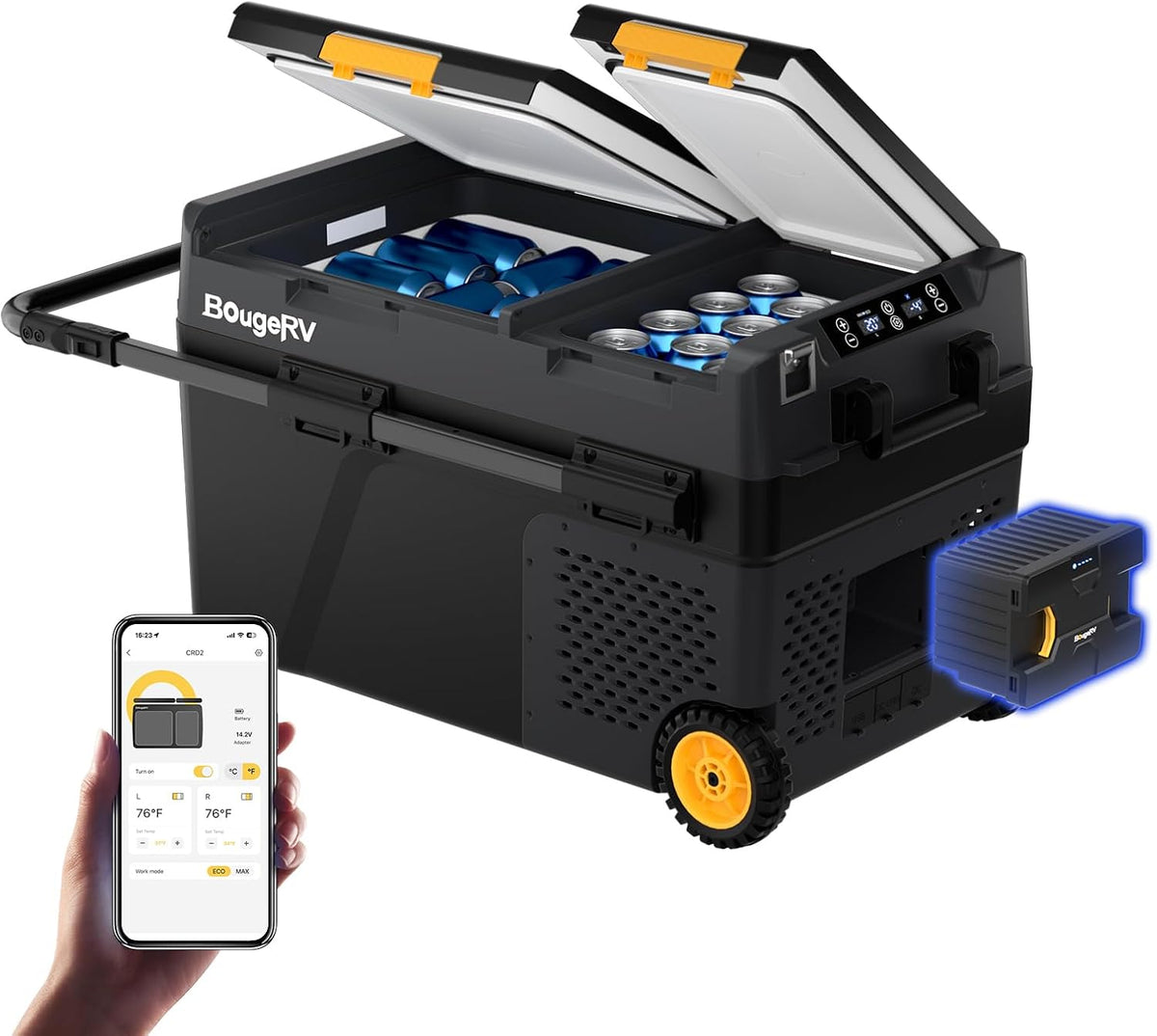 glacière BougeRV – 40 L | 173 Wh, 24 V – 220 V | Noir/Jaune