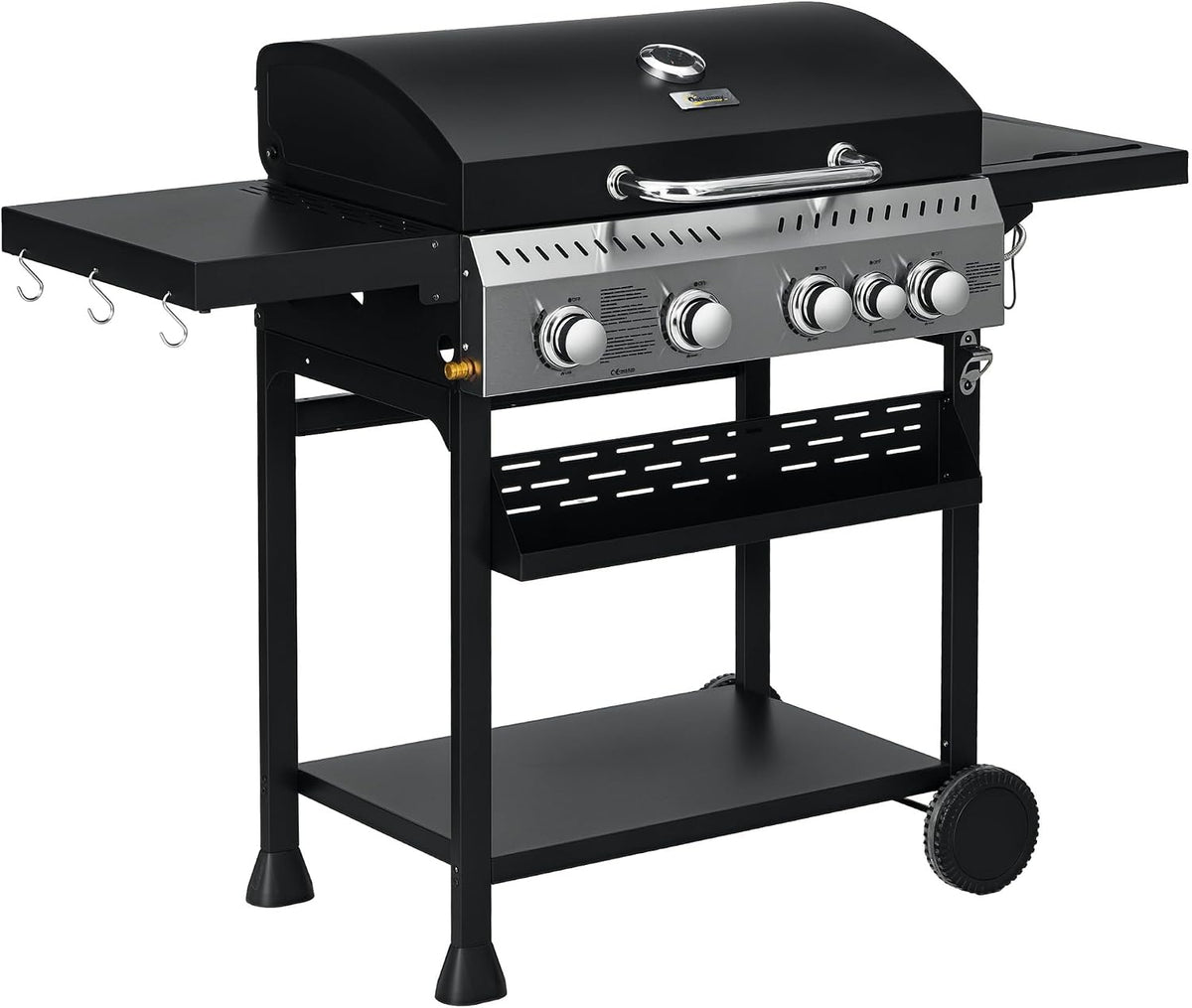 fumoir Outsunny – 12,5 kW | Noir, Barbecue à gaz 4+1 – barbecue au gaz propane chariot de BBQ avec roulettes