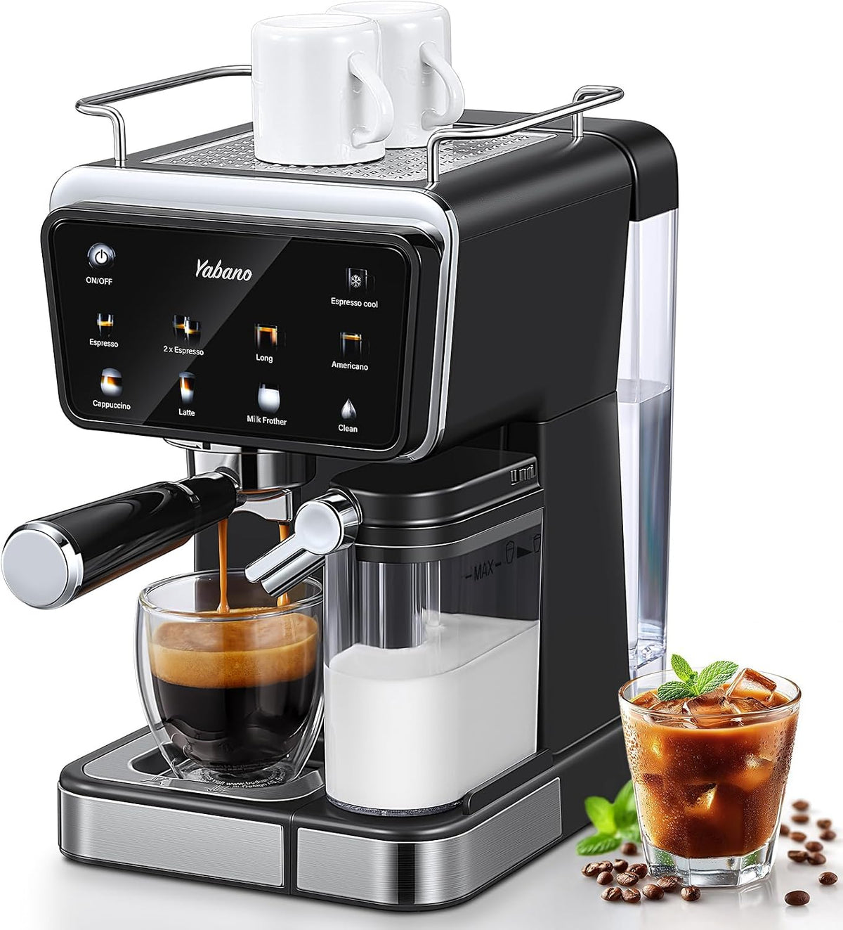 machine à café Yabano | cafetière, 500 ml – 1,5 l | 1350 W, Noir/Argent – Machine à expresso | mousseur à lait automatique
