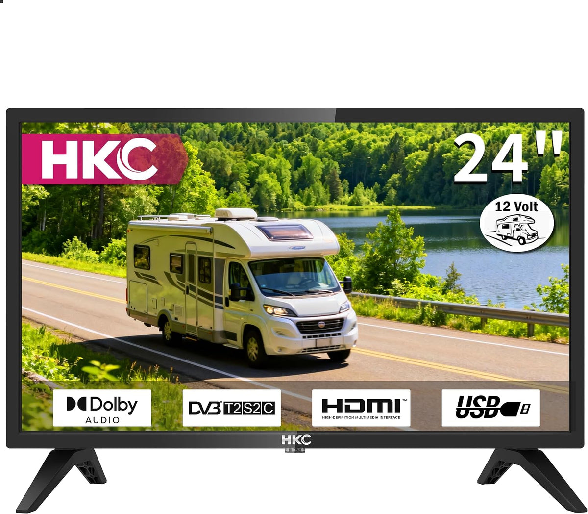 téléviseur HKC – TV | 12 V, Noir – Freeview DVB-T2/C/S2 Dolby Audio | petit écran de voyage pour camping-car et caravanes