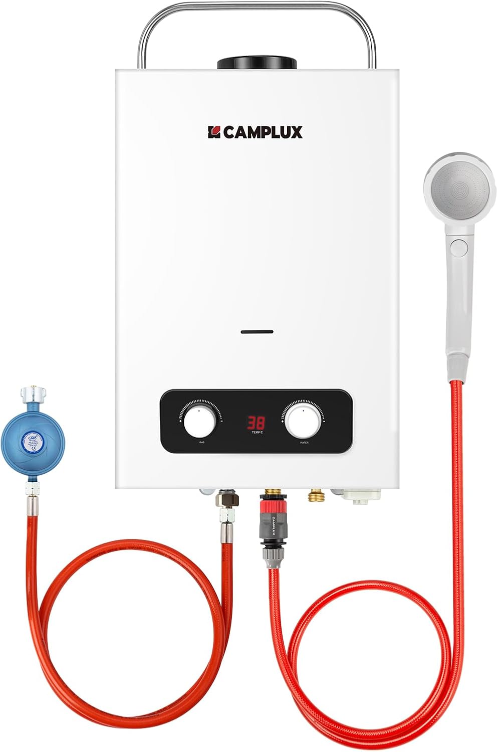 CAMPLUX chauffe-eau, 6 Litres – Blanc/Rouge | à Gaz avec Poignée, BD158-DE instantané au GPL pour Douche de Camping/Caravane/Cheval de Lavage