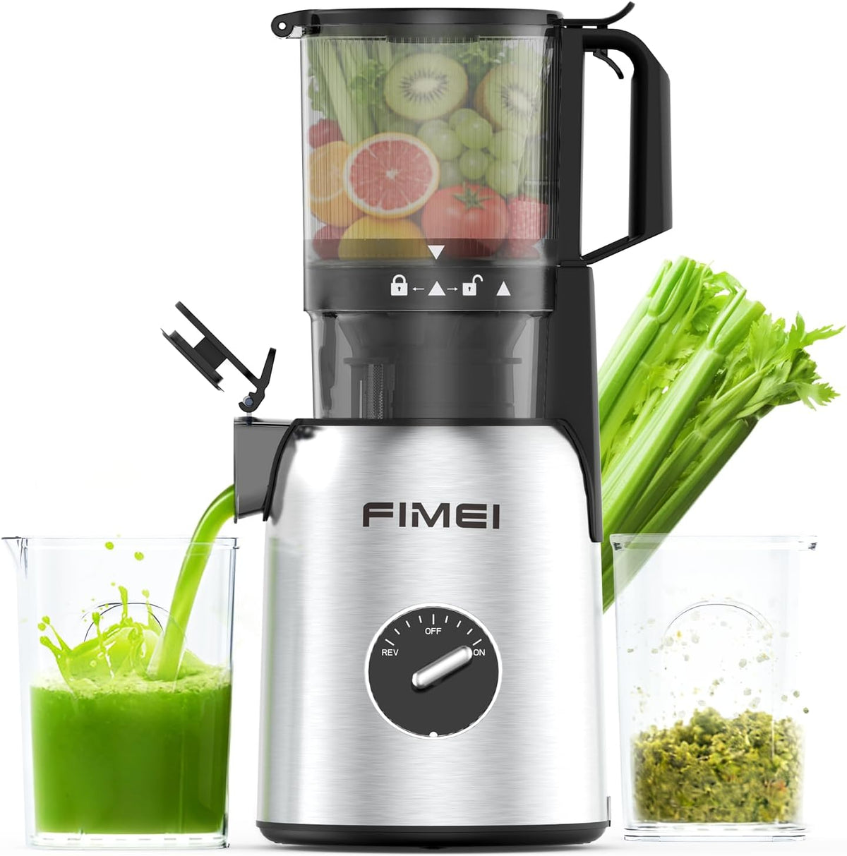 centrifugeuse FIMEI – 135 mm | Argent/Noir, Extracteur de Jus – Rendement Élevé | Facile à Nettoyer, Sans BPA – 2 Verres