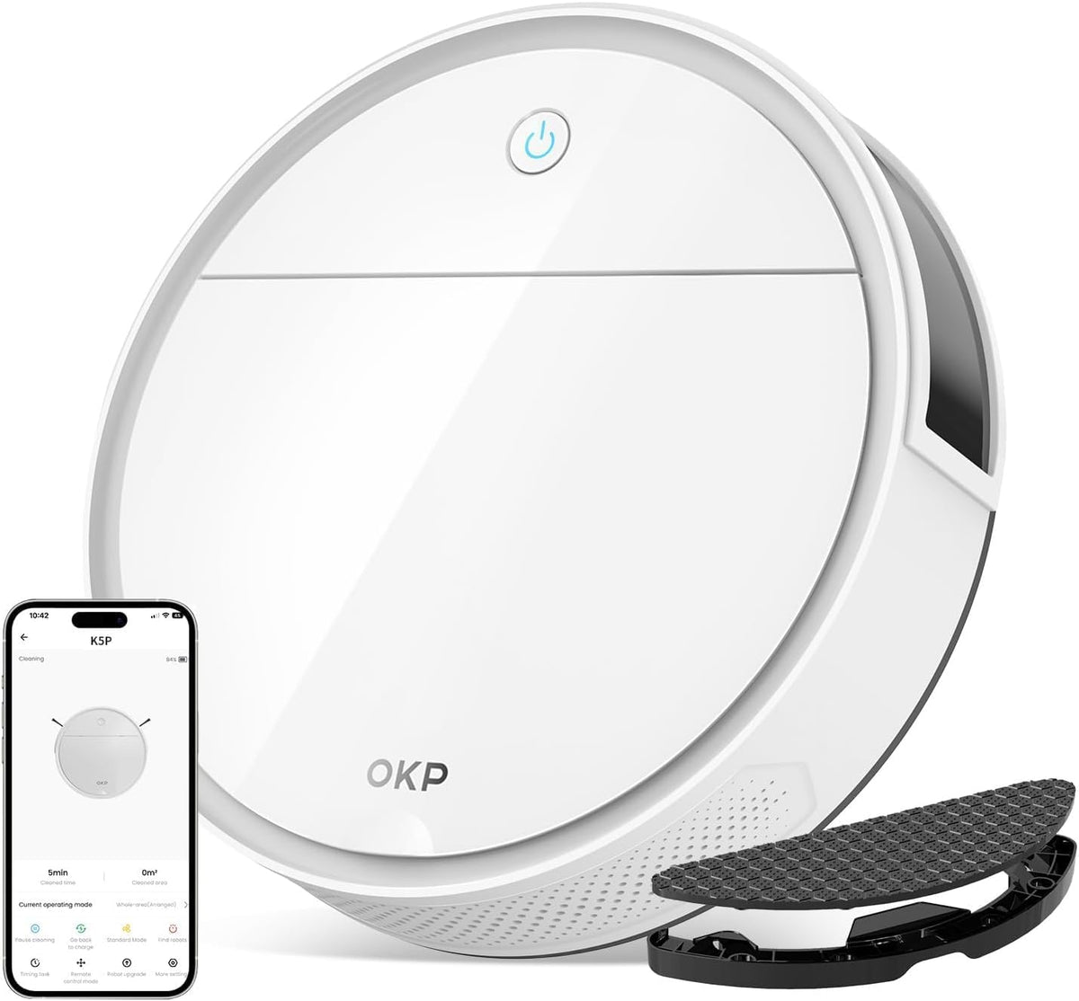 robot aspirateur OKP – aspirateur robot | 7,7 cm, Blanc – 120 Minutes | Ultra-Fin, Anti-Enchevêtrement – 4 Modes de Nettoyage | Recharge Automatique