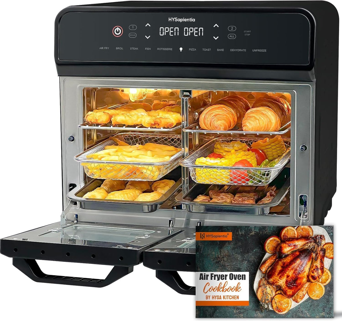 friteuse à air chaud HYSapientia | air fryer, 22 L – Noir/Argent | 2 chambres, mini-four à convection – écran tactile LED