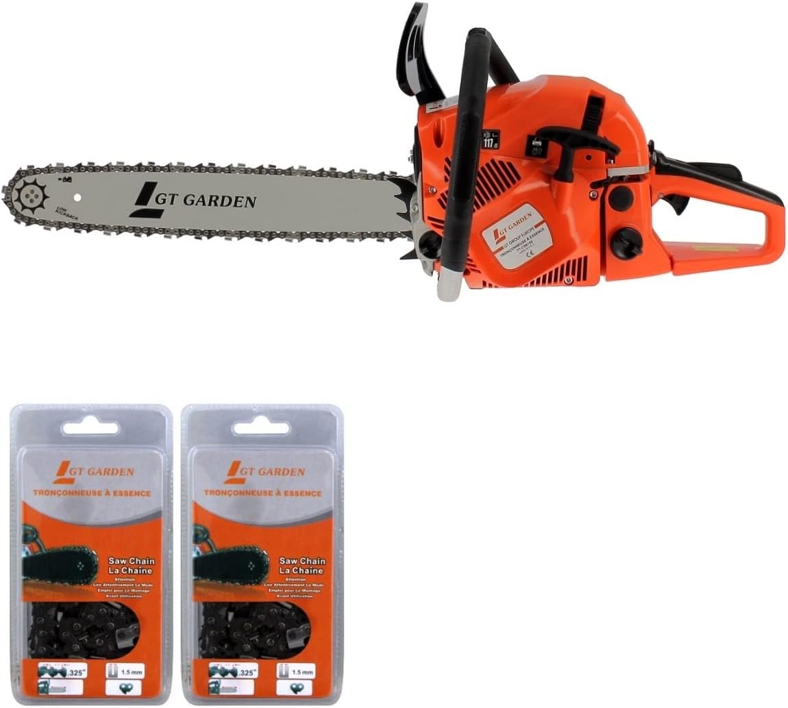 tronçonneuse GT Garden – 45 cm | Orange/Noir/Gris, Thermique 62 cm3 – 2 chaînes