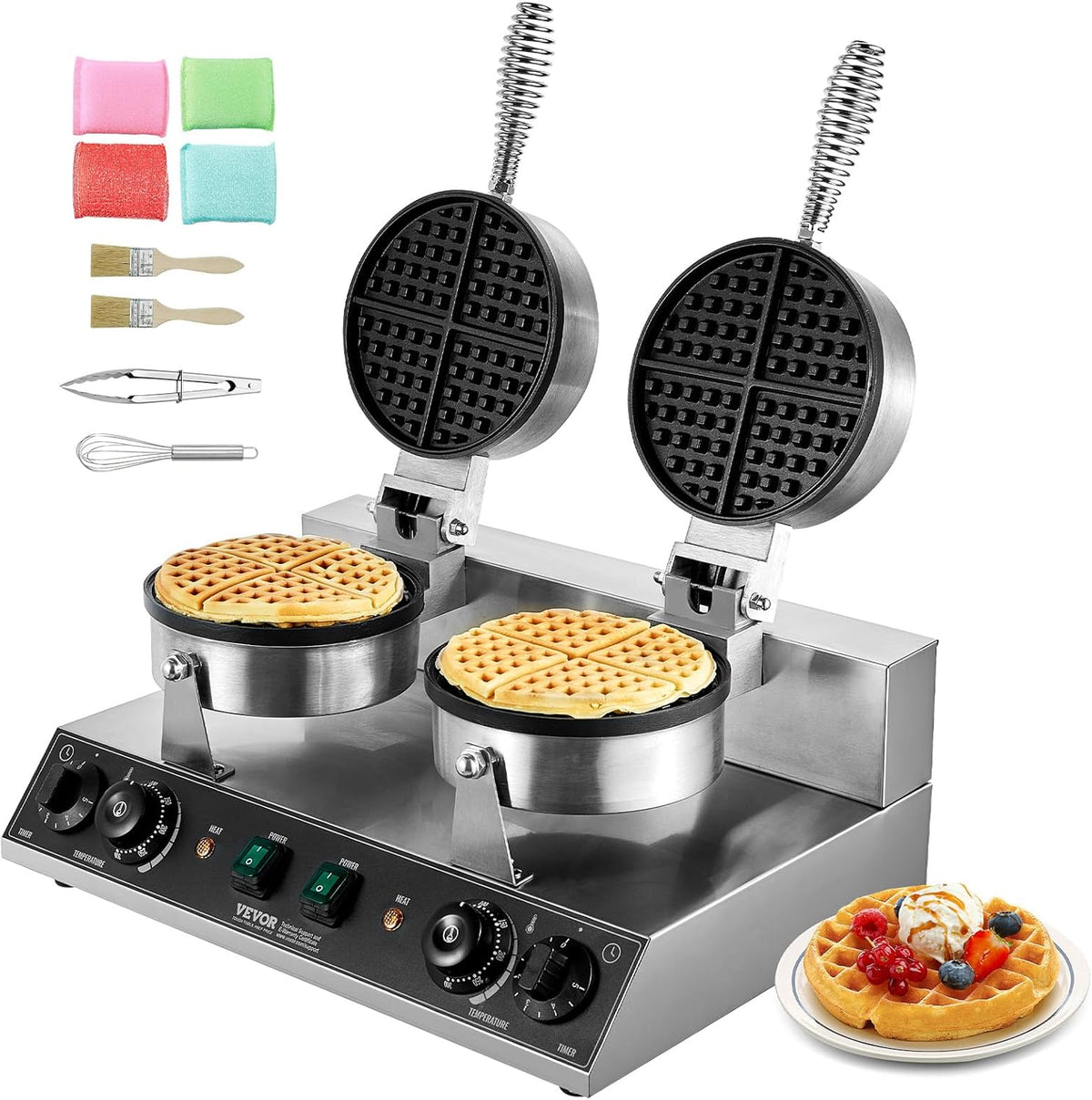 VEVOR gaufrier, 19,7 x 18,5 x 10 pouces / 500 x 470 x 260 mm – 2460 W | Argent, Commercial – Appareil à Gaufre Ronde à Double Tête
