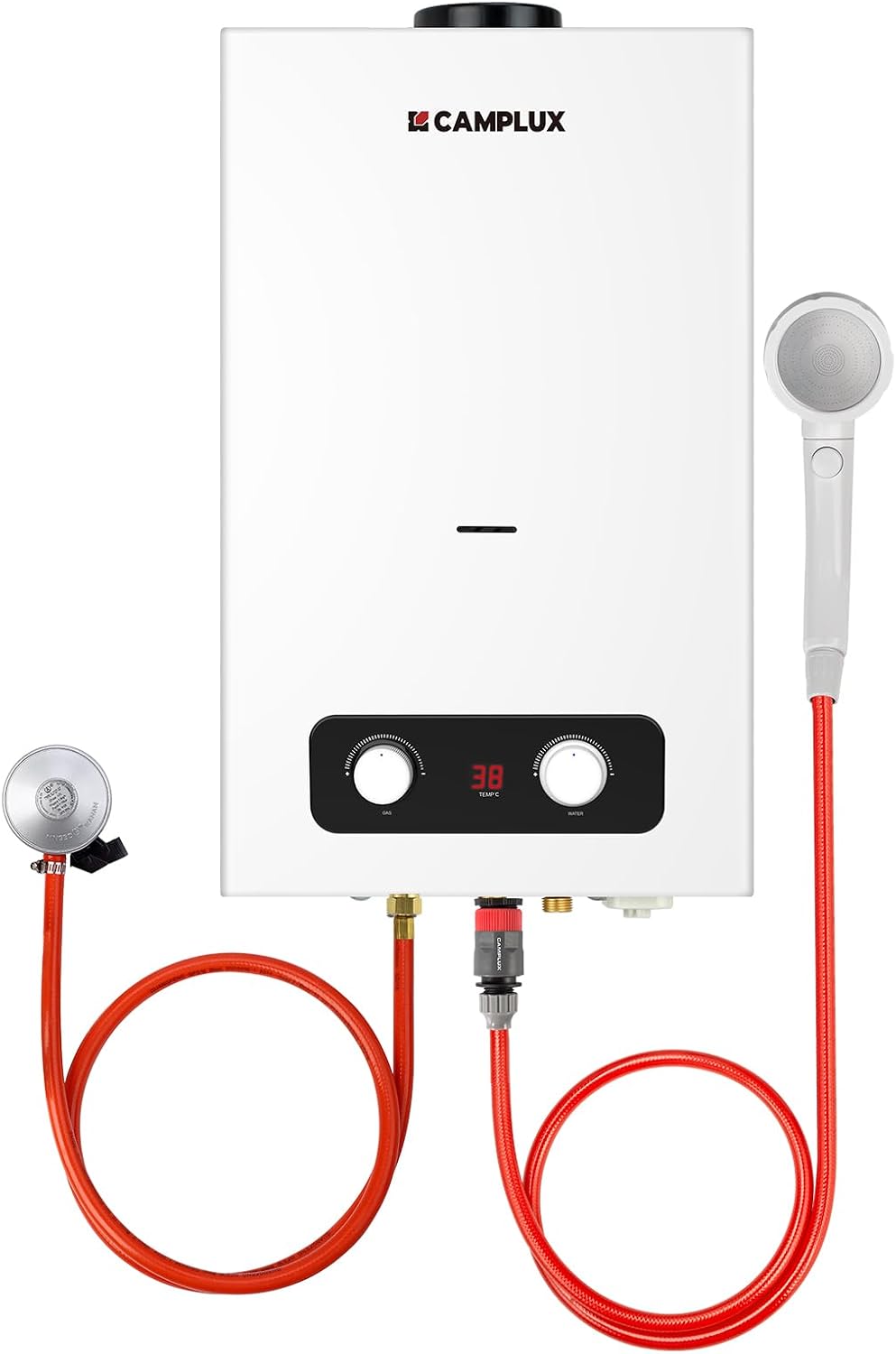 chauffe-eau CAMPLUX – 10 Litres | Blanc/Rouge, BD264 au Butane/Propanee – 28-37mbar pour Camping | Maisons Mobiles