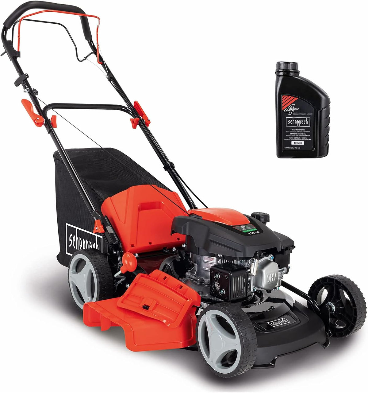 tondeuse à gazon Scheppach | 46 cm, 55 litres – Noir/Orange/Gris | Thermique MS161-46, Autotractée – Moteur 4T de 150cm3