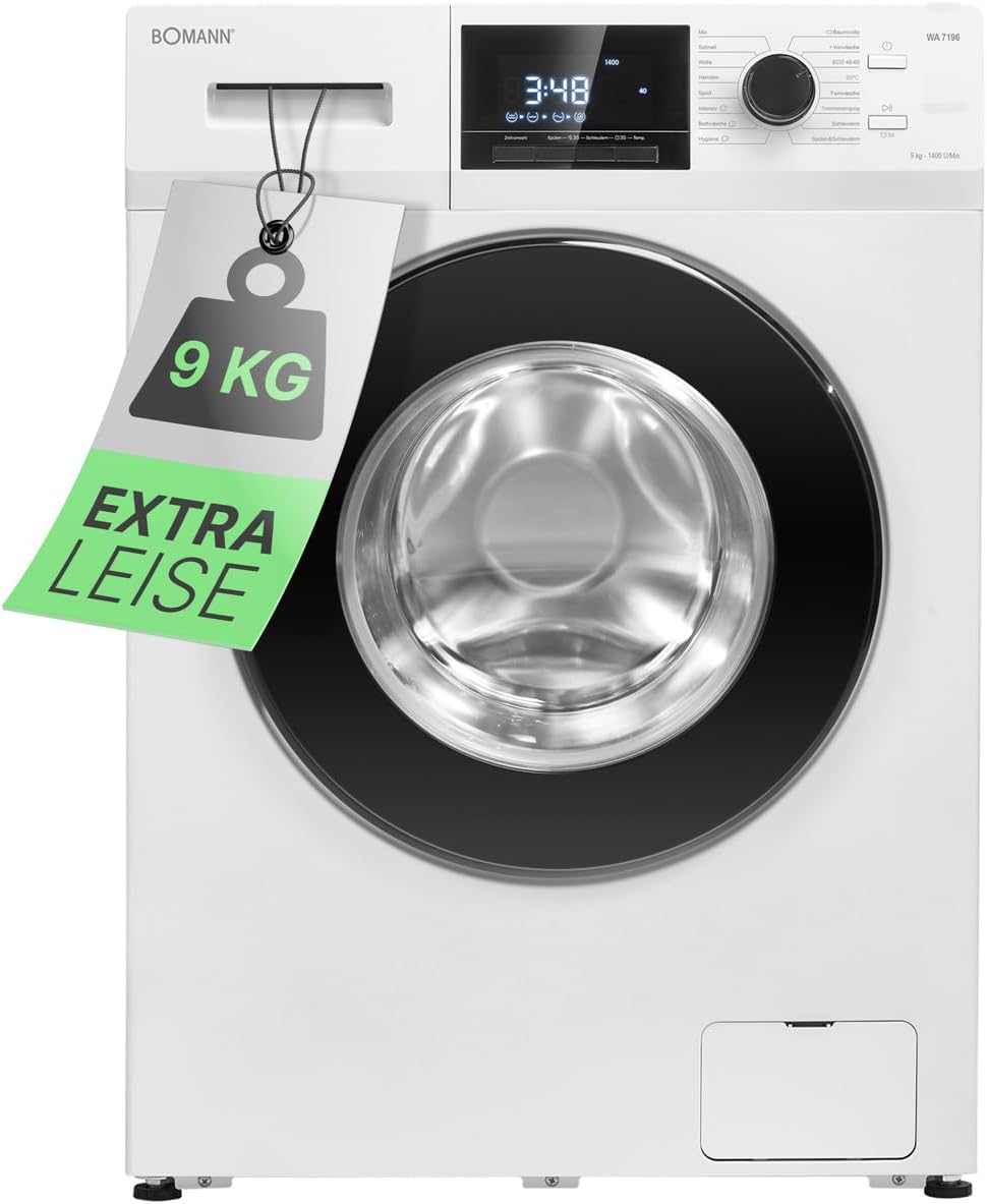 Bomann lave-linge, 9 kg – 1400 tr/min | Blanc/Noir, Machine à laver – Aqua-Stop | Moteur CC sans balais: efficace