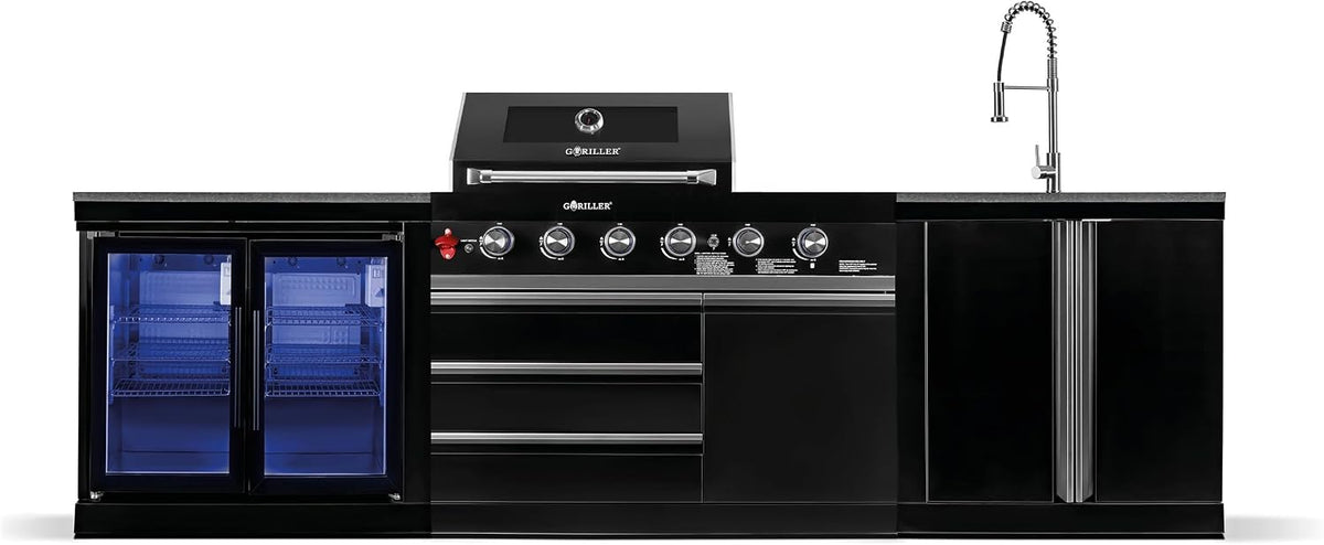 GORILLER réfrigérateur, frigo – Noir/Argent | BG296 Cuisine d'extérieur en acier inoxydable, unité d'évier – plan de travail