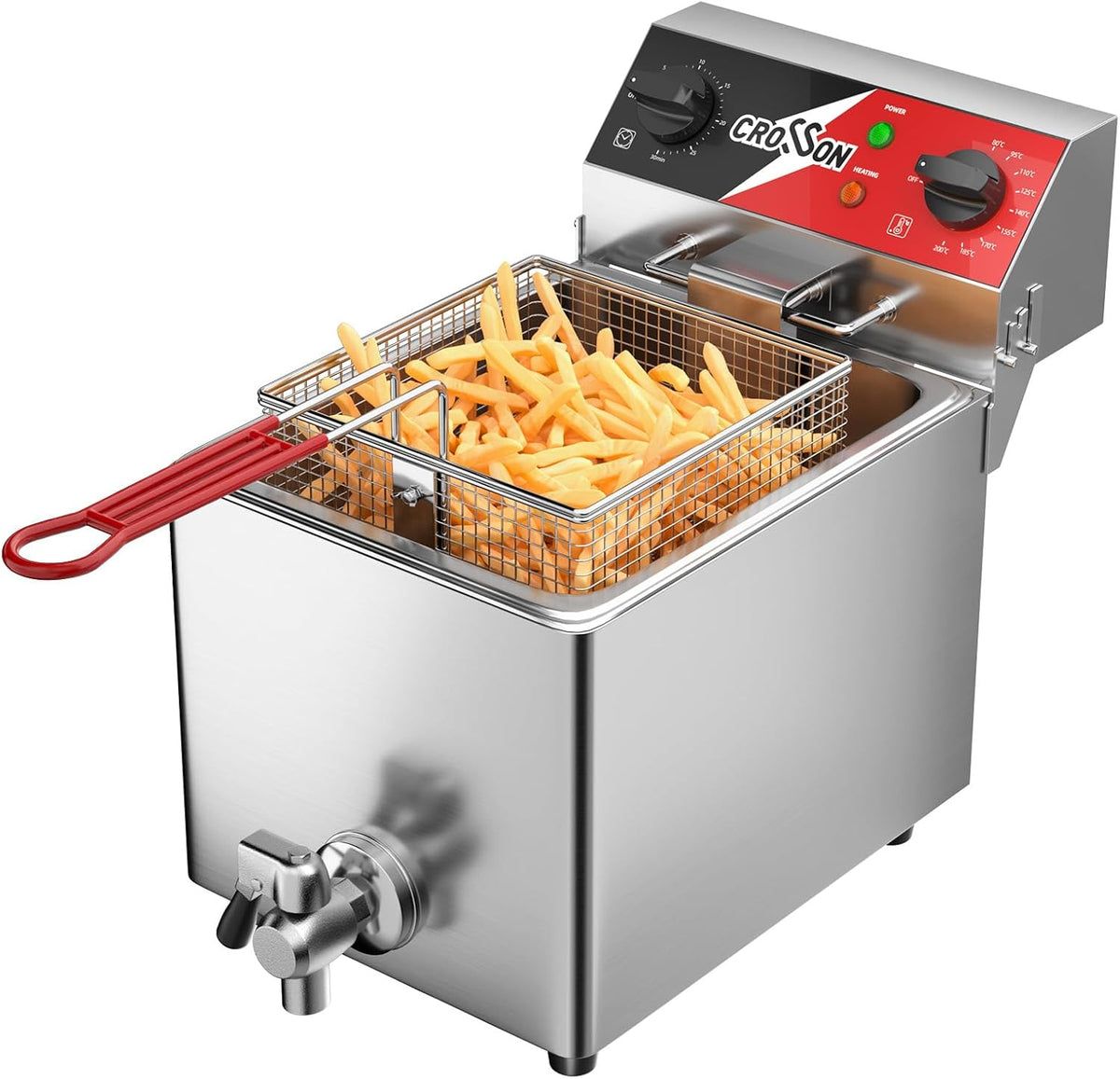 Friteuses crosson – 6 L | Argent/Rouge/Noir, Friteuse électrique avec vidange d'huile – minuterie de 30 minutes