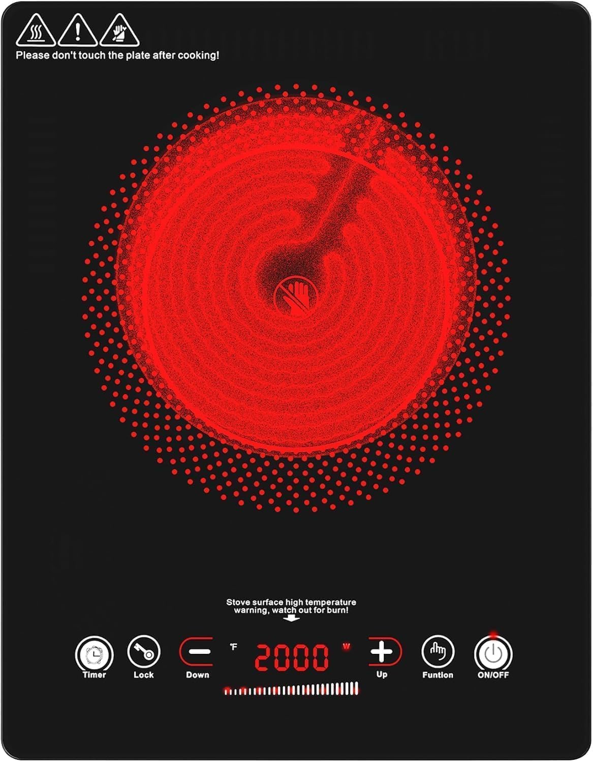 Tables de cuisson VBGK – 220 V | 2000 W, Noir/Rouge – Plaque Vitrocéramique | Plaques de Cuisson 1 Plaque, Électrique avec Commande Tactile Led